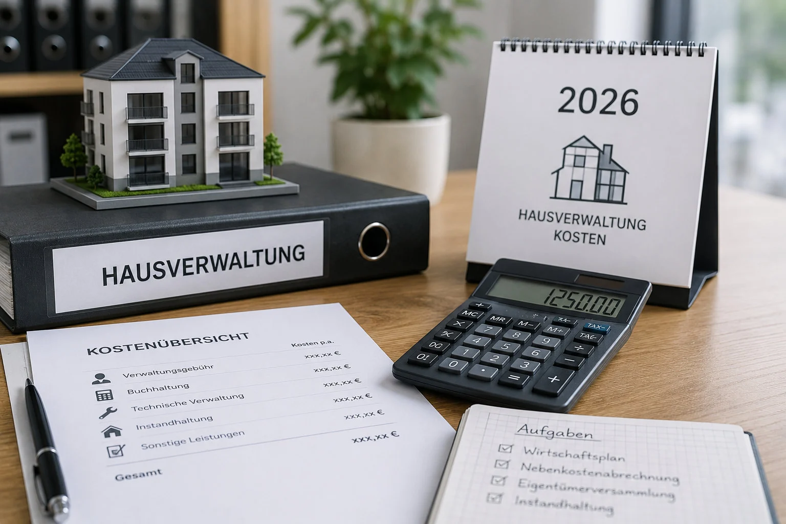 Hausverwaltung Kosten 2026: Was kostet die Verwaltung wirklich? Hausverwaltung Kosten 2026: Kostenübersicht mit Taschenrechner, Ordner und Aufgabenliste auf dem Schreibtisch