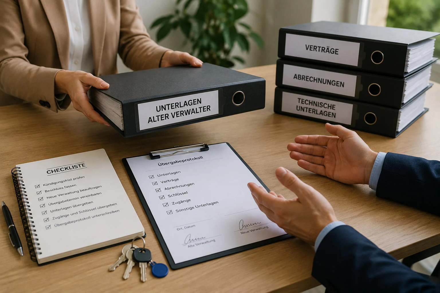 Hausverwaltung wechseln – Ablauf, Fristen, Checkliste Hausverwaltung wechseln: Übergabe des Ordners "Unterlagen alter Verwalter" sowie Checkliste und unterschriebenes Übergabeprotokoll zwischen alter und neuer Verwaltung
