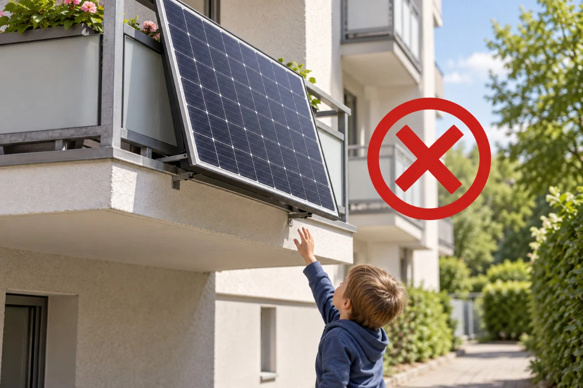 Solarmodul eines Steckersolargeräts hängt über die Balkonbrüstung hinaus, ein Kind greift von unten danach, rotes Verbotssymbol markiert die unzulässige Montage
