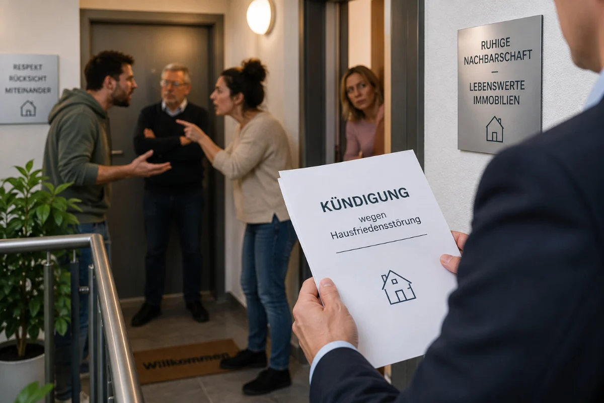 Vermieter hält ein Kündigungsschreiben wegen Hausfriedensstörung, im Hintergrund streiten sich mehrere Mietparteien im Treppenhaus