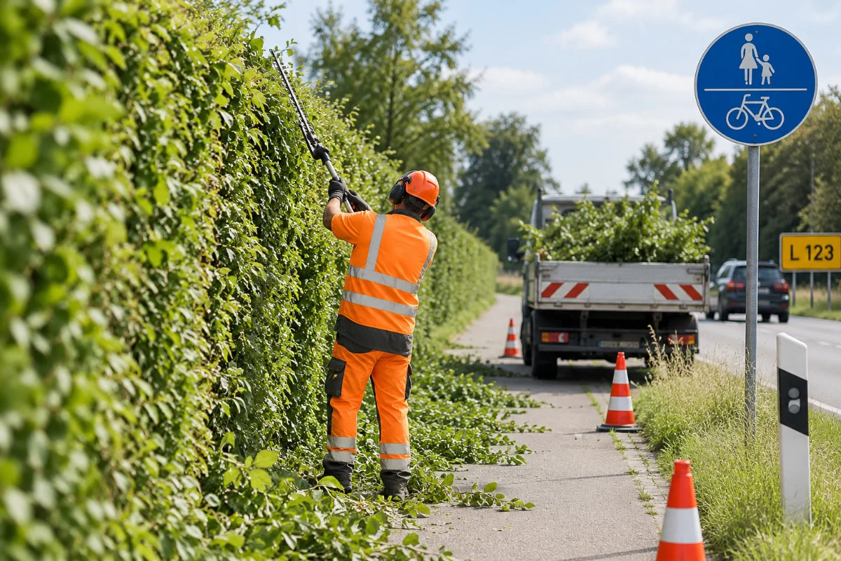 Gartenbaumitarbeiter schneidet eine Hecke entlang eines Rad- und Fußwegs an einer Landesstraße zurück
