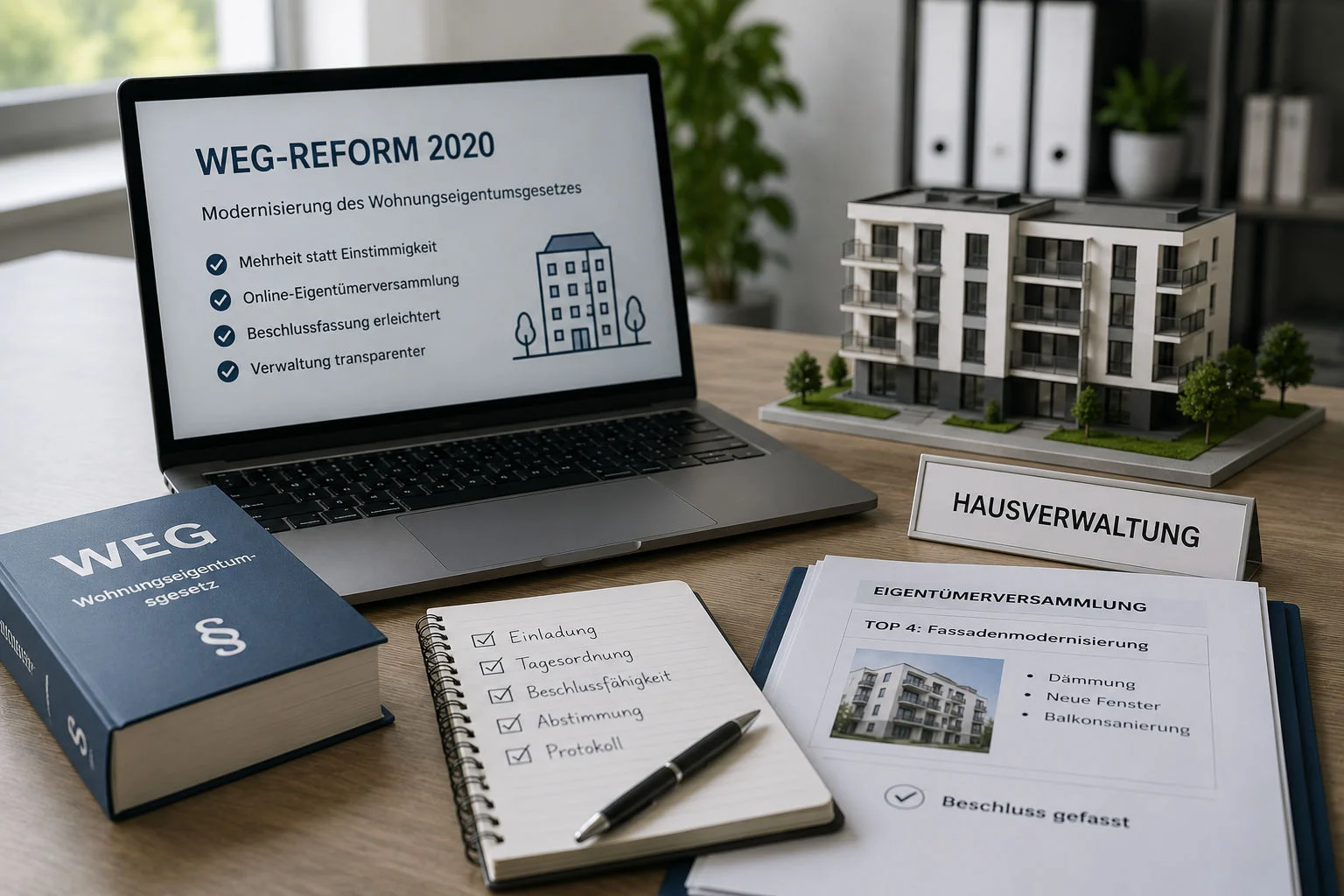WEG-Reform 2020: Was sich im Wohnungseigentumsgesetz geändert hat WEG-Reform 2020: Laptop mit Zusammenfassung der WEMoG-Änderungen, WEG-Gesetzbuch, Checkliste zur Eigentümerversammlung und Modell eines Mehrfamilienhauses auf einem Schreibtisch