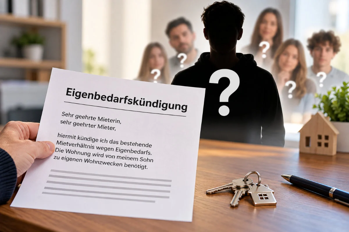 Vermieter hält ein Eigenbedarfskündigungsschreiben in der Hand, im Hintergrund stehen mehrere ratlose Mieter mit Fragezeichen-Symbolen